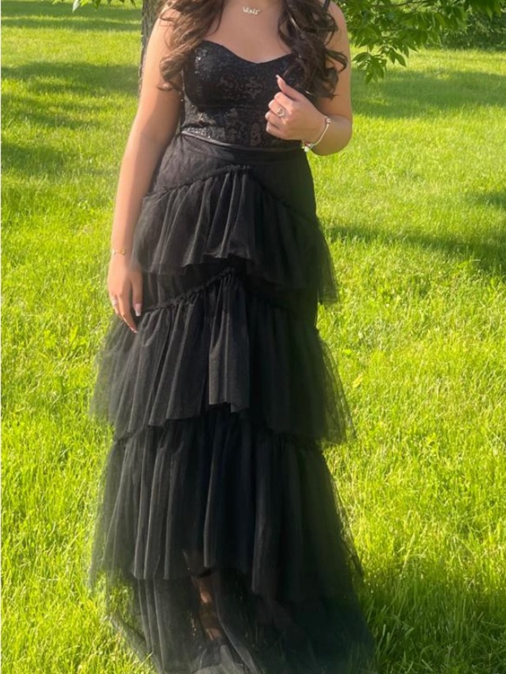 le chateau Black Tiered Tulle Prom Gown